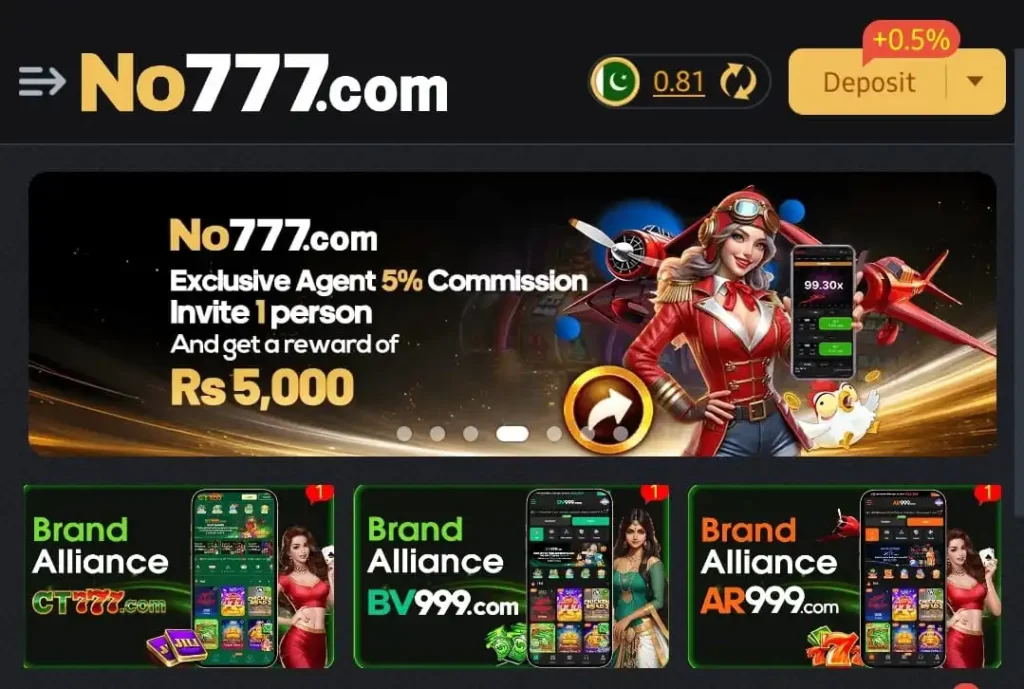No777.com app homepage showing deposit option, invite reward Rs 5,000 offer, and brand alliance gaming partners