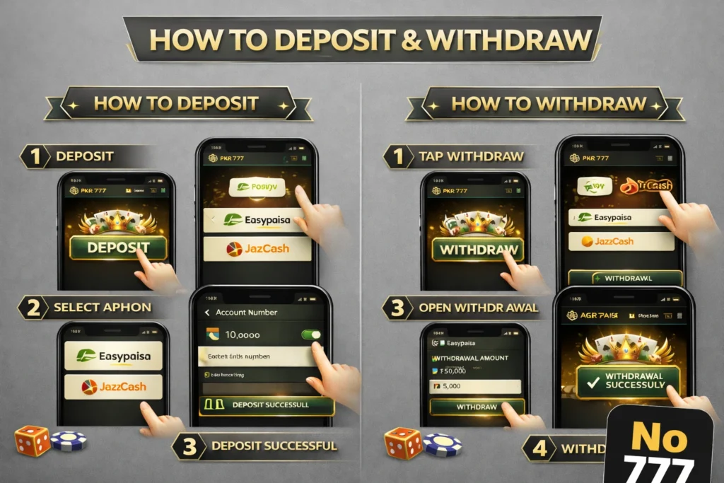 How to deposit and withdraw in No777 Game using Easypaisa and JazzCash step by step guide showing payment method selection and successful transaction